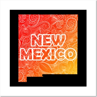 Colorful mandala art map of New Mexico with text in red and orange Posters and Art